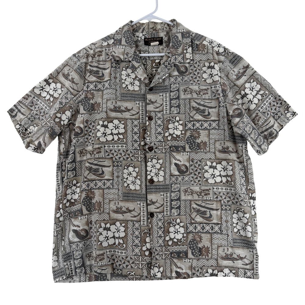 Vintage Black Point Sportswear Hawaiian Shirt Mens XL Brown Made USA‎ Aloha Y2K